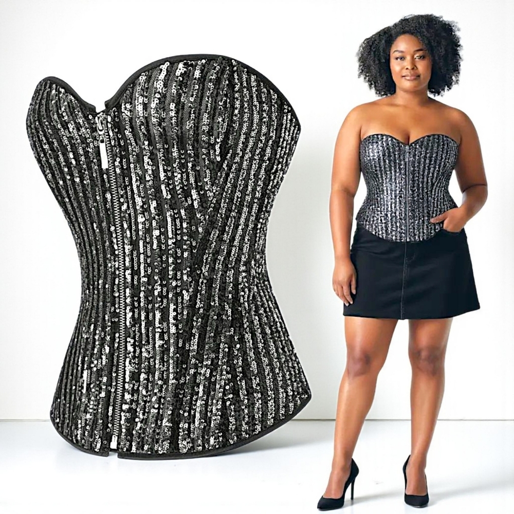 Women's Glitter Sequin Bustier Corset Top Zipper Strapless Tube Top Size 2XL